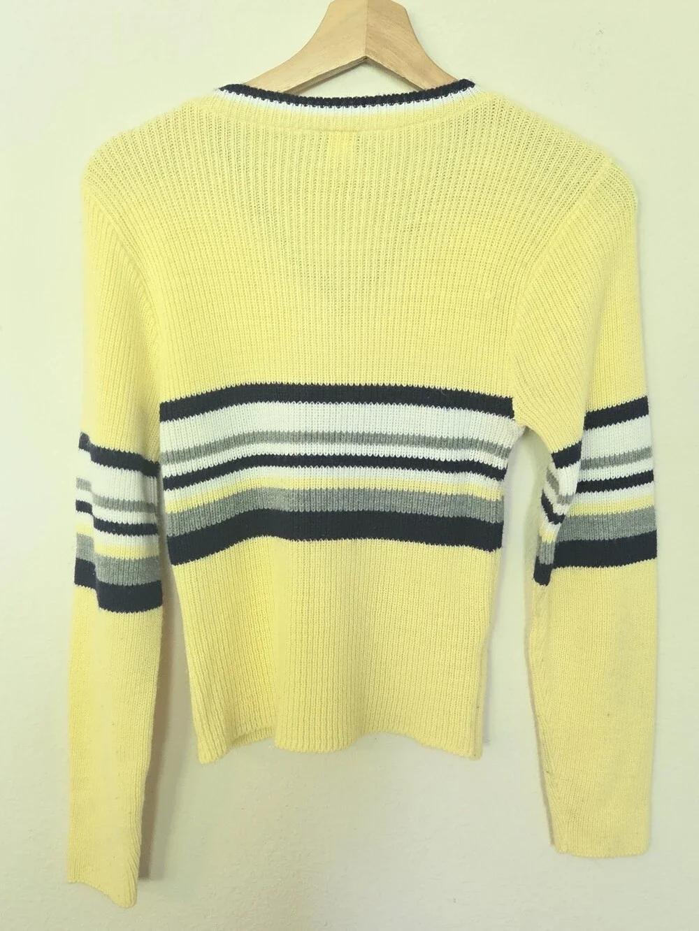 Y2K Rave Vintage Yellow VNeck  Stripe Knit LS Sweater